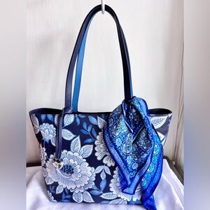 Brighton Journey To India Zarina Leather Tote Indigo Blue Floral
